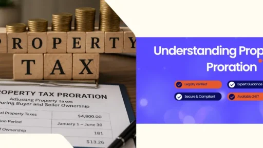 Left: model house with wooden blocks spelling PROPERTY TAX, a tax form, and a calculator; Right: blue banner reading 'Understanding Property Tax Proration' with check icons and Bluenotary logo.