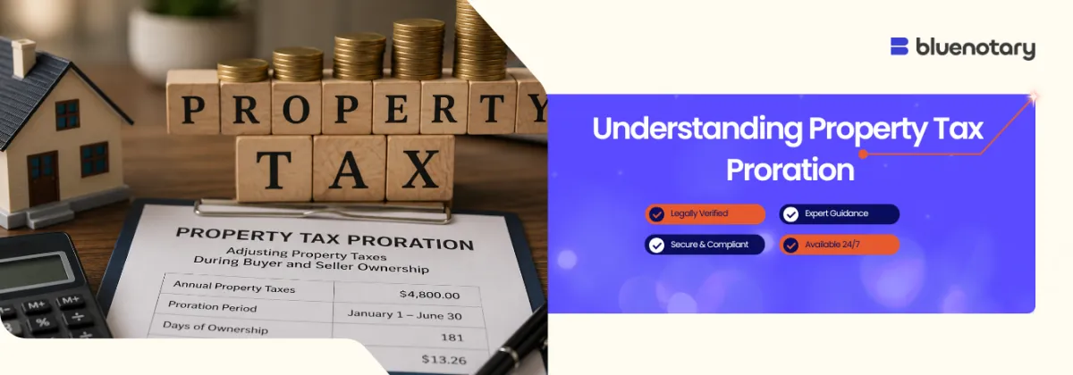 Left: model house with wooden blocks spelling PROPERTY TAX, a tax form, and a calculator; Right: blue banner reading 'Understanding Property Tax Proration' with check icons and Bluenotary logo.