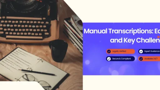 Split image: left side shows a vintage desk with a typewriter, camera, notebook, glasses, and a mug on brown paper; right side features a purple promo banner: 'Manual Transcriptions: Early Methods and Key Challenges' with checkmark badges and the bluenotary logo.