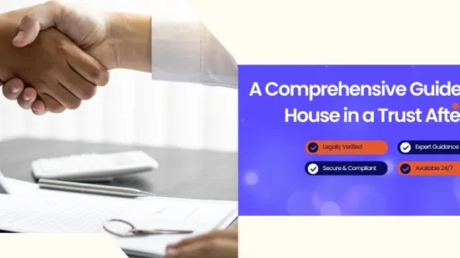 Handshake over a desk with a model house and documents, beside a blue banner about selling a house in a trust after death.