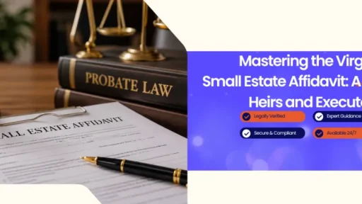 Left shows a gavel and probate law books with a 'Small Estate Affidavit' document; right displays a purple promotional banner for Virginia small estate affidavit guide for heirs and executors by bluenotary.