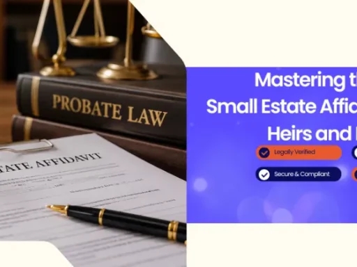 Left shows a gavel and probate law books with a 'Small Estate Affidavit' document; right displays a purple promotional banner for Virginia small estate affidavit guide for heirs and executors by bluenotary.