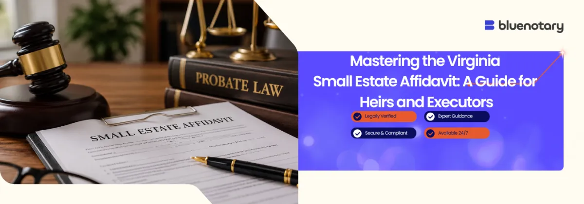 Left shows a gavel and probate law books with a 'Small Estate Affidavit' document; right displays a purple promotional banner for Virginia small estate affidavit guide for heirs and executors by bluenotary.