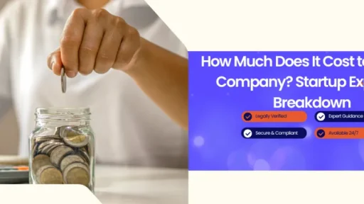 Person placing a coin into a glass jar beside a calculator, with a blue banner about startup expense breakdown and a Bluenotary logo on the right.