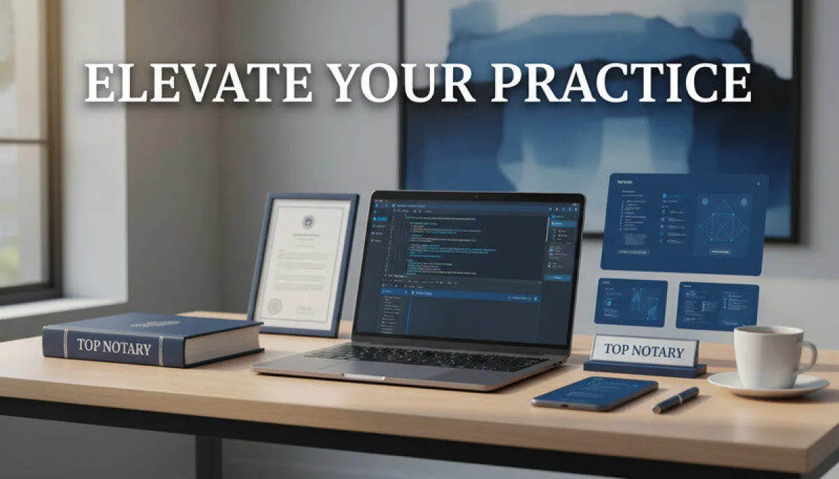 Professional notary workspace with membership certificates and digital tools displayed on a modern desk