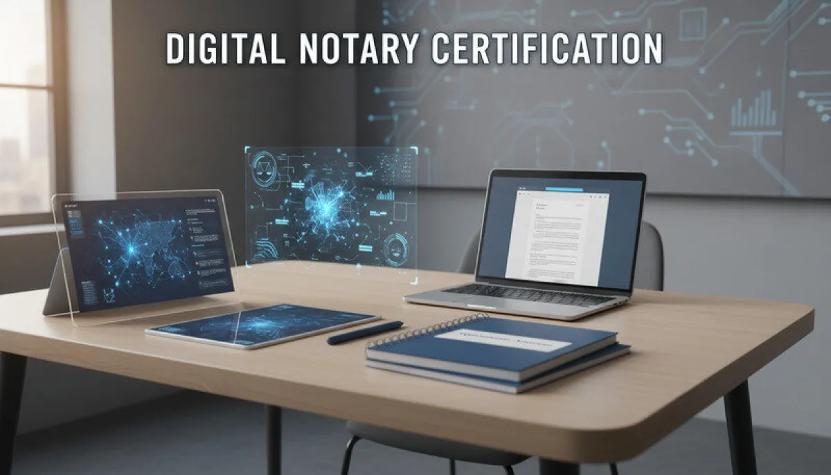 Professional notary training session with digital certification materials and technology setup