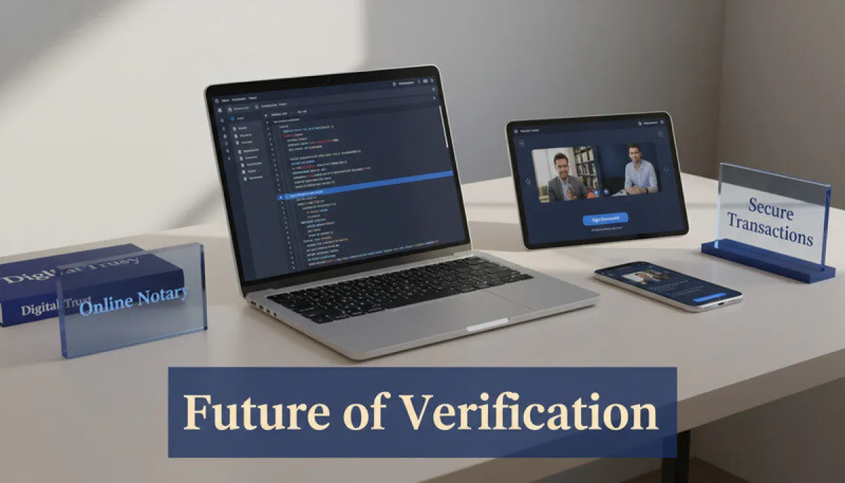 Modern digital workspace showing online notarization platform with video call interface and document signing tools