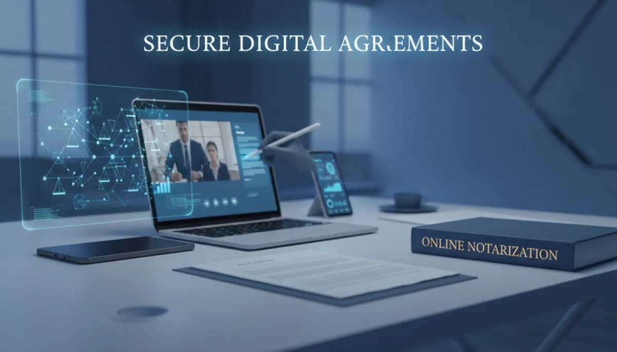 Professional workspace showing a laptop with video call interface and legal documents being digitally notarized