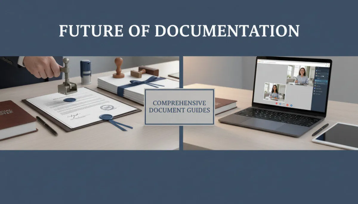 Split screen showing traditional notary office visit versus modern online notarization on laptop