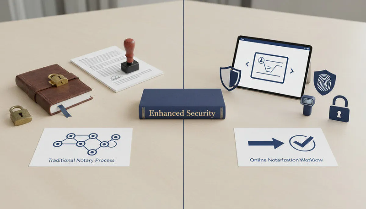 Side-by-side comparison showing traditional notary process timeline versus streamlined online notarization workflow