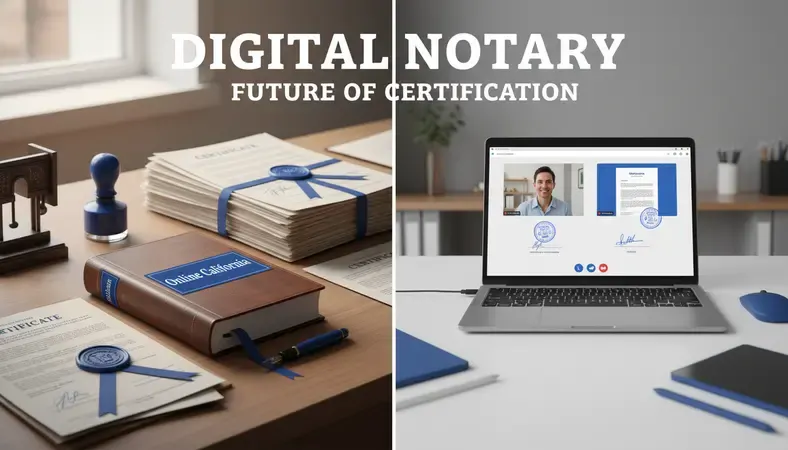 Split-screen comparison showing traditional notary office on left and digital device with video call on right