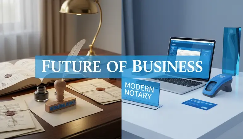 Split screen showing traditional vs modern notary services