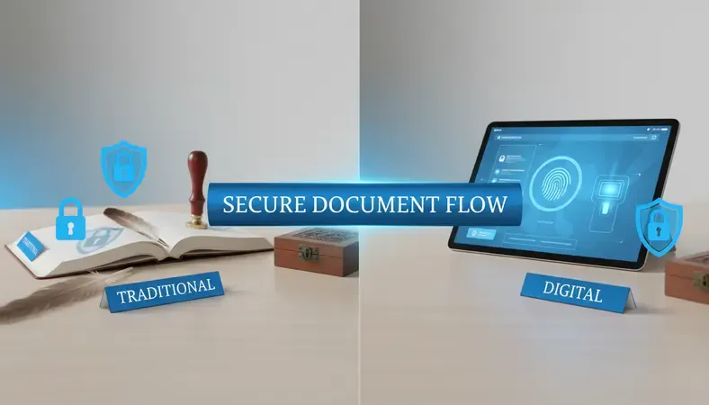 Split screen showing traditional vs digital notary services with security features highlighted