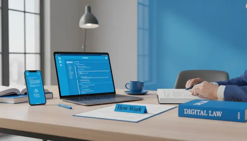 Professional lawyer reviewing legal documents with digital notary tools on desk