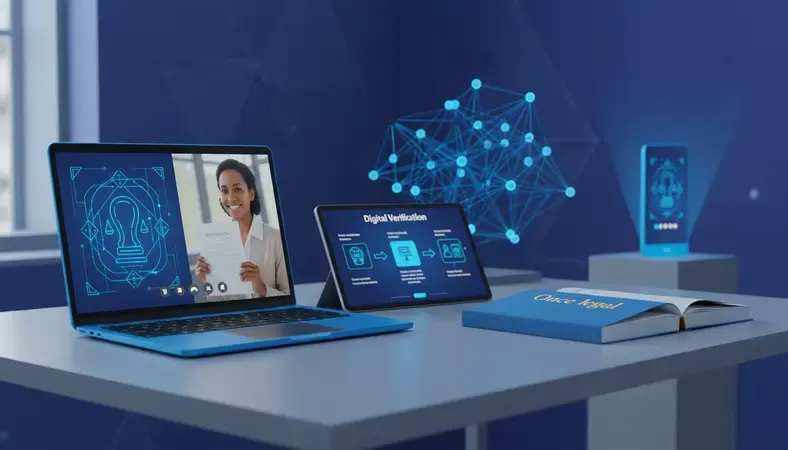 Digital notarization setup showing laptop screen with video call and official notary seal