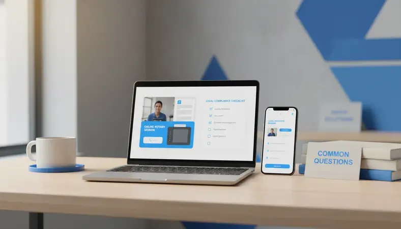 Split screen showing online notary session and legal compliance checklist