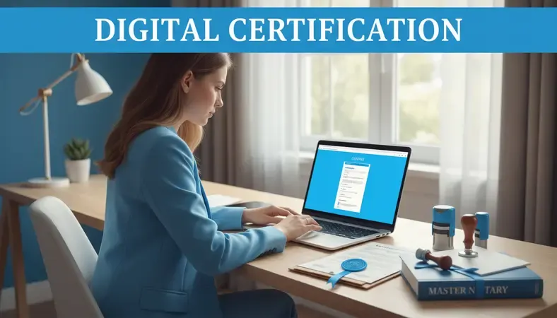 Professional woman taking an online notary course on laptop at home office