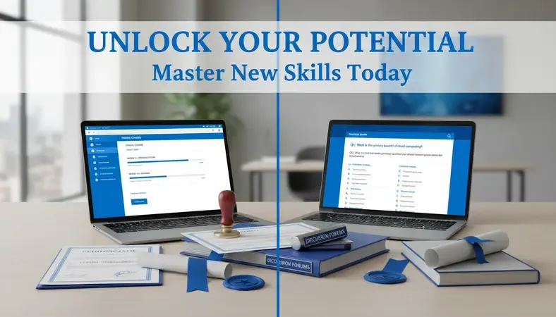 Split screen showing online course interface and practice exam questions