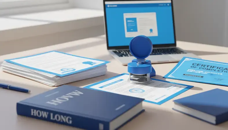 Professional notary stamp and documents on desk with laptop showing online course completion certificate