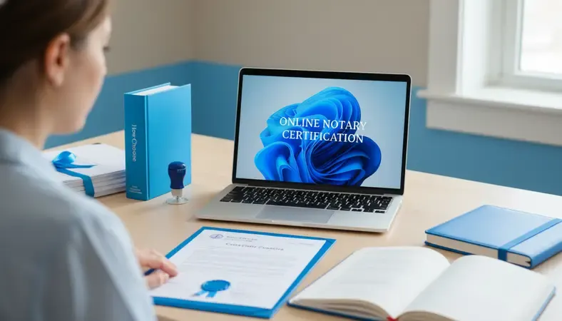 Professional woman taking an online notary course on laptop with official documents nearby