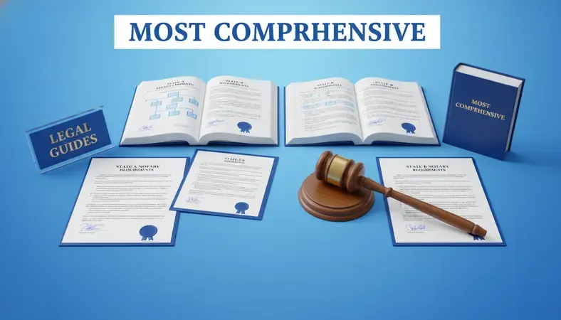 Split screen showing different state notary requirements and legal documents