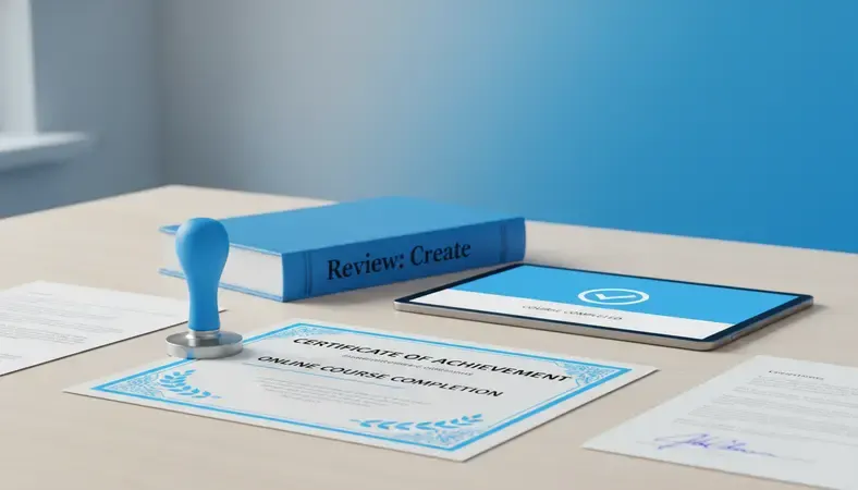 Professional notary seal and certificate with digital tablet showing completed online course