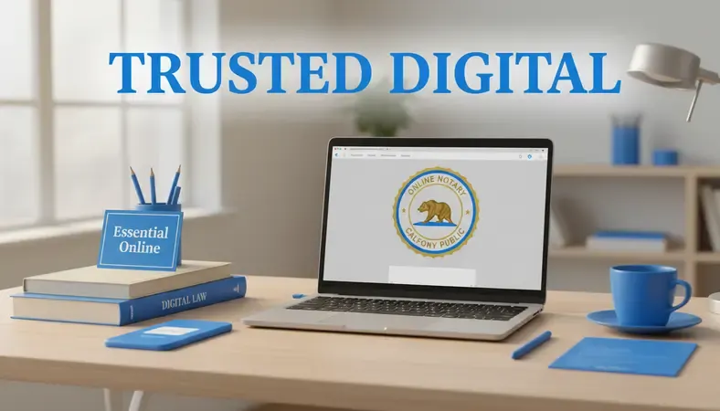 Professional workspace showing laptop with online notary platform interface and California state seal