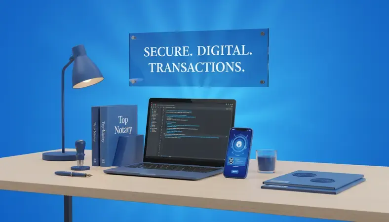 Professional notary workspace with official documents, seal, and digital tools