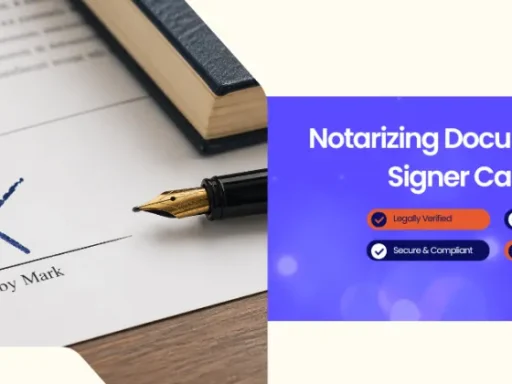 Notary public document with a signature line, blue X mark, stamp, and fountain pen.