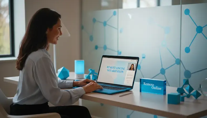 Notary conducting a remote online notarization session via video call on a laptop with digital documents on screen