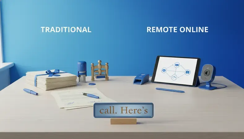 Comparison diagram showing remote online notarization workflow versus traditional in-person notarization steps