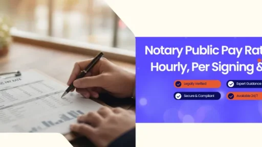 Two people sign a notary pay rate document at a desk; a blue banner on the right reads 'Notary Public Pay Rate in 2026'.