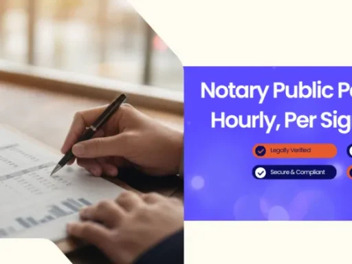 Two people sign a notary pay rate document at a desk; a blue banner on the right reads 'Notary Public Pay Rate in 2026'.