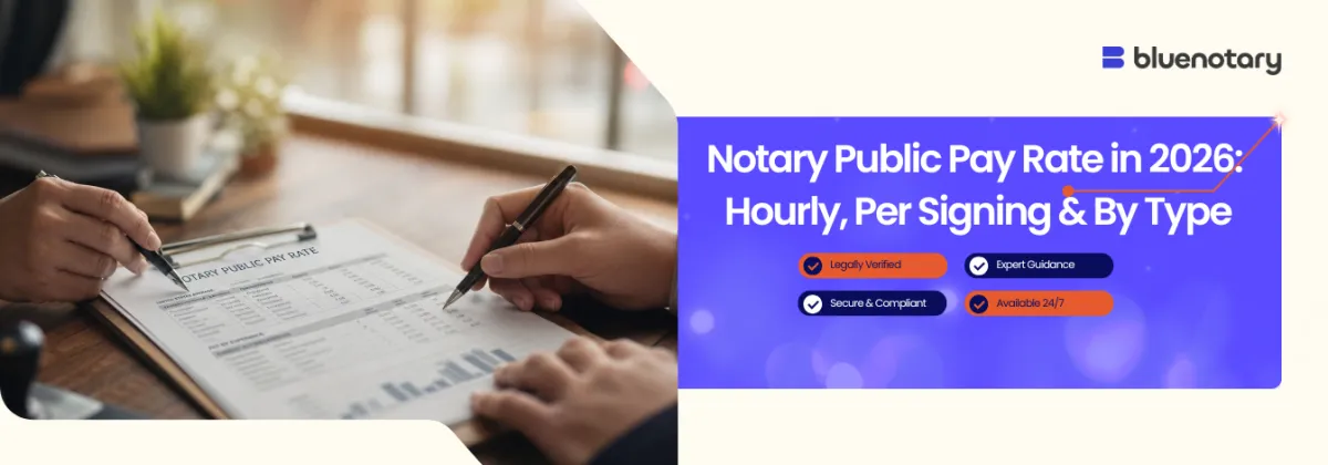 Two people sign a notary pay rate document at a desk; a blue banner on the right reads 'Notary Public Pay Rate in 2026'.