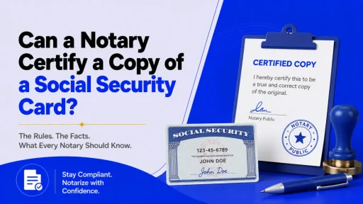 Blue-themed infographic asking if a notary can certify a copy of a Social Security card, with notary documents and stamp imagery.