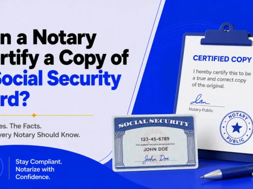 Blue-themed infographic asking if a notary can certify a copy of a Social Security card, with notary documents and stamp imagery.