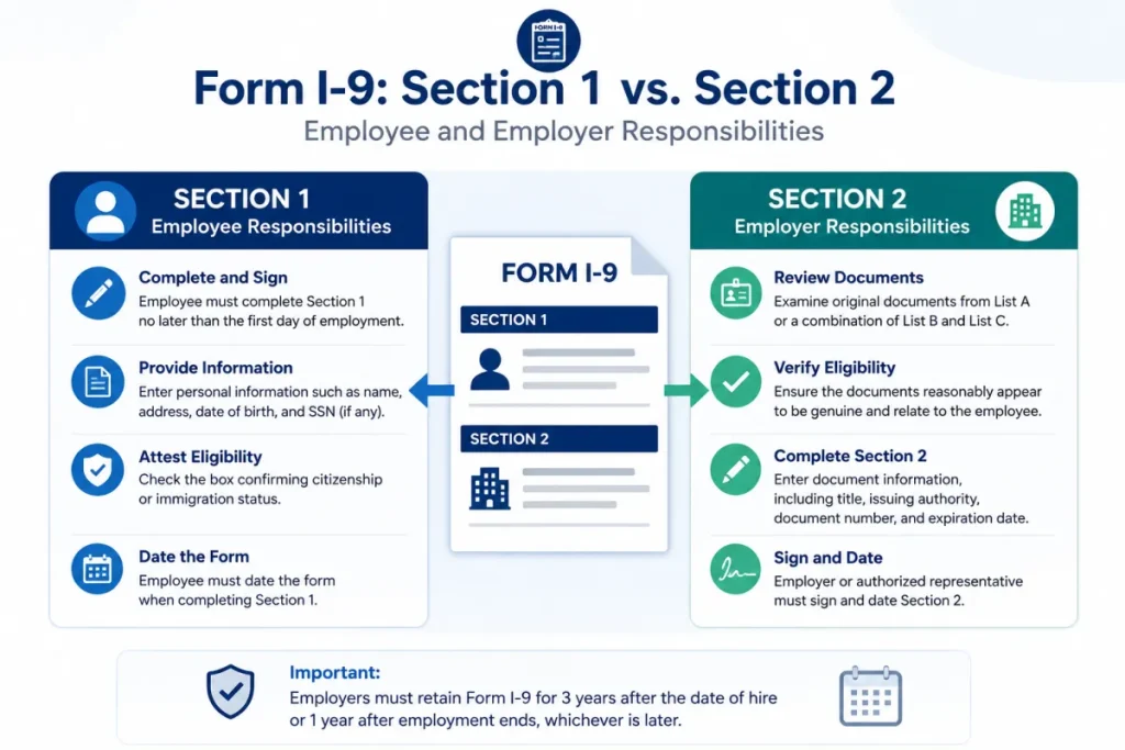 Form I-9 Section 1 employee and Section 2 employer responsibilities