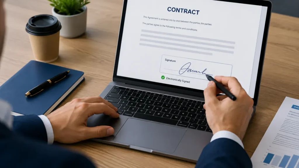Person adding an electronic signature to a digital contract