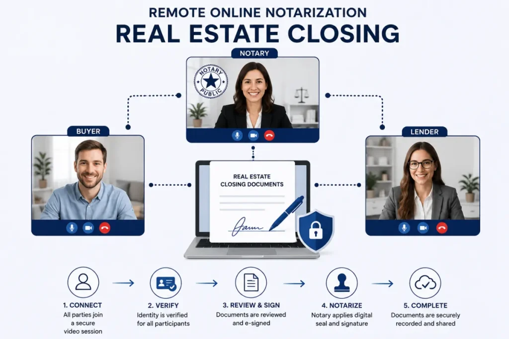 Diagram of a remote online notarization real estate closing with buyer