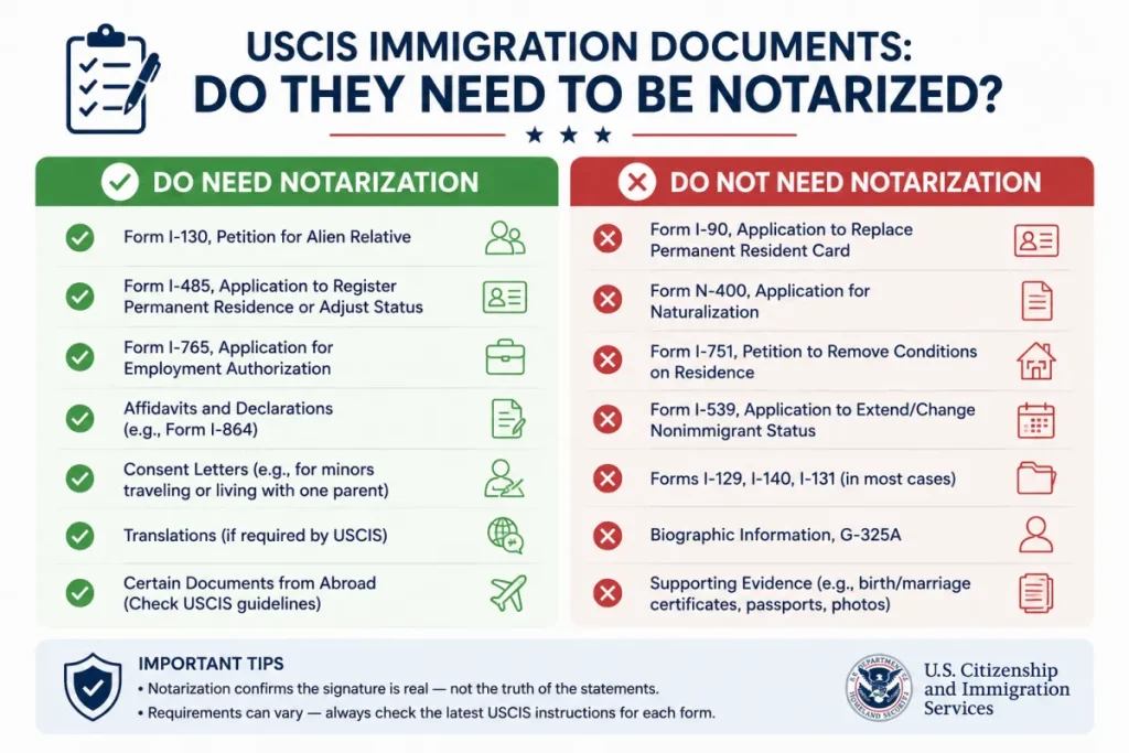 Checklist showing which USCIS immigration documents need notarization and which do not