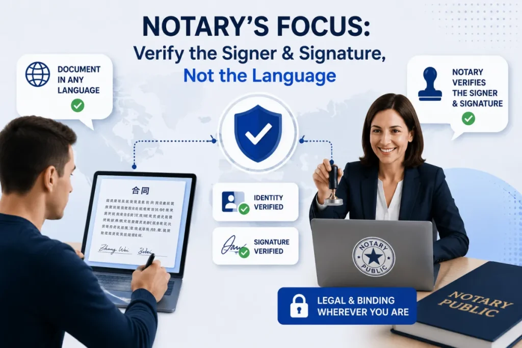 a notary verifies the signer and signature, not the document's language