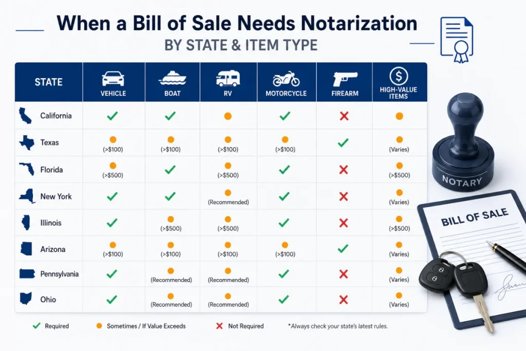 when a bill of sale needs notarization by state and item type