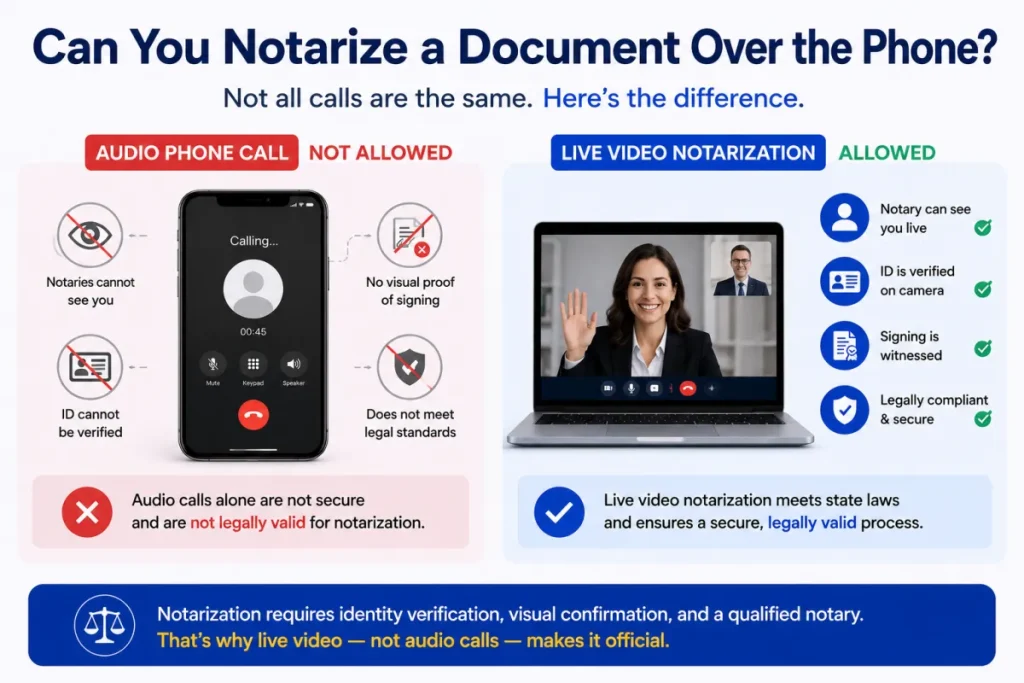 Diagram showing audio phone call is not allowed but live video notarization is