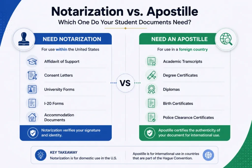 Diagram splitting student documents that need notarization from those that need an apostille