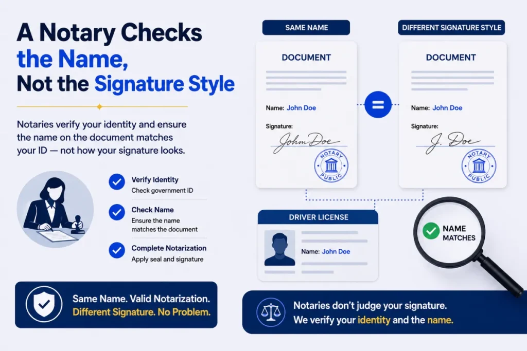 Diagram showing a notary checks the name, not the signature style