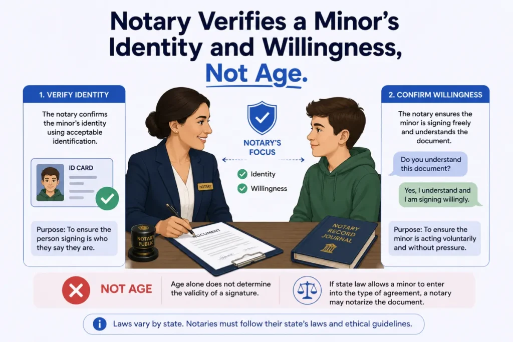 Diagram showing a notary verifies a minor's identity and willingness, not age
