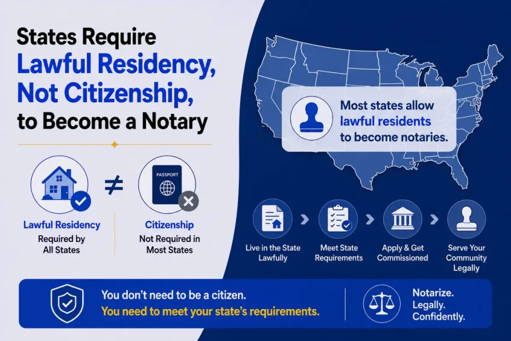 Diagram showing states require lawful residency, not citizenship, to become a notary