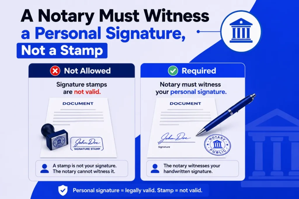 Diagram showing a notary must witness a personal signature, not a stamp