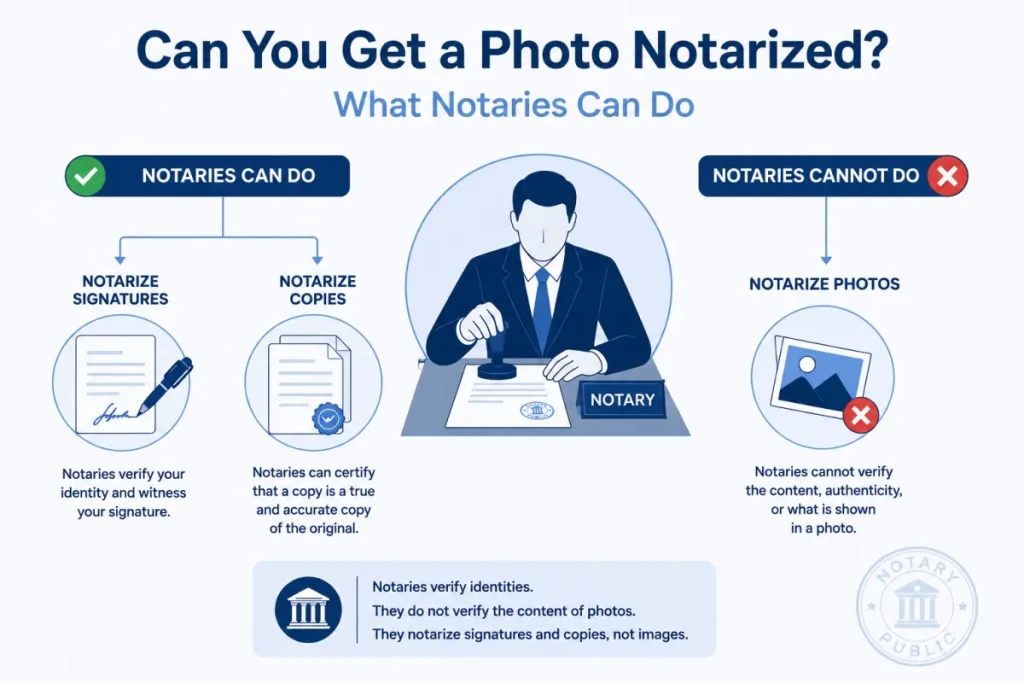 Diagram showing a notary notarizes signatures and copies, not photos