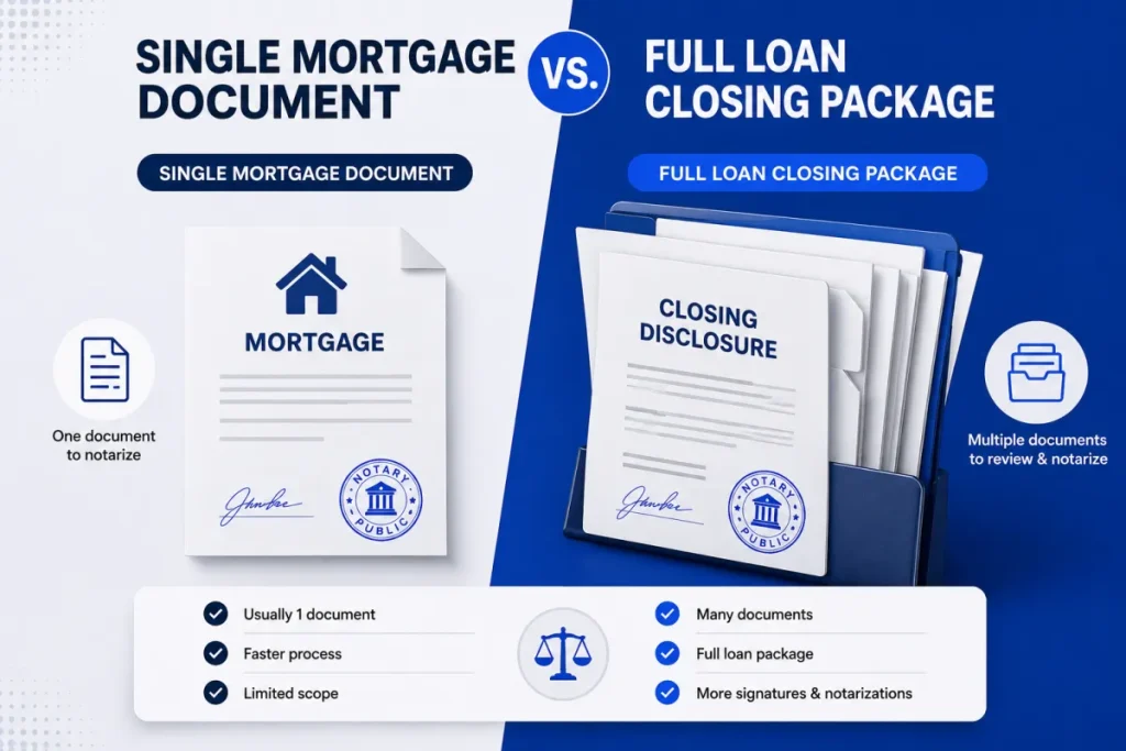 Diagram showing a single mortgage document vs a full loan closing package 